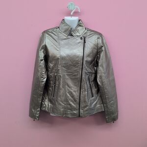 La Marey Genuine Lamb Leather Zip Up Women's Jacket Large Neutral Shimmer